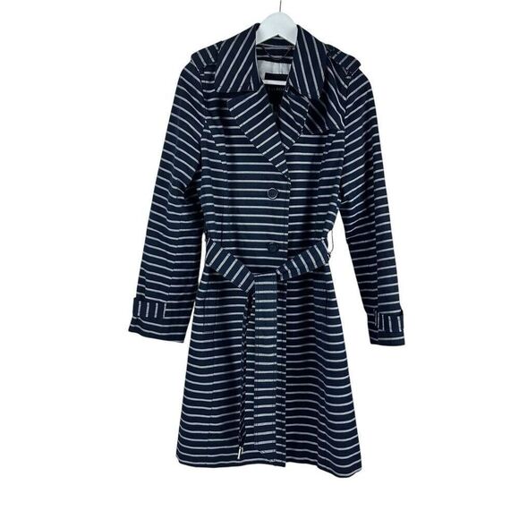 Talbots Navy White Stripe Trench size Medium Belted - Picture 2 of 10